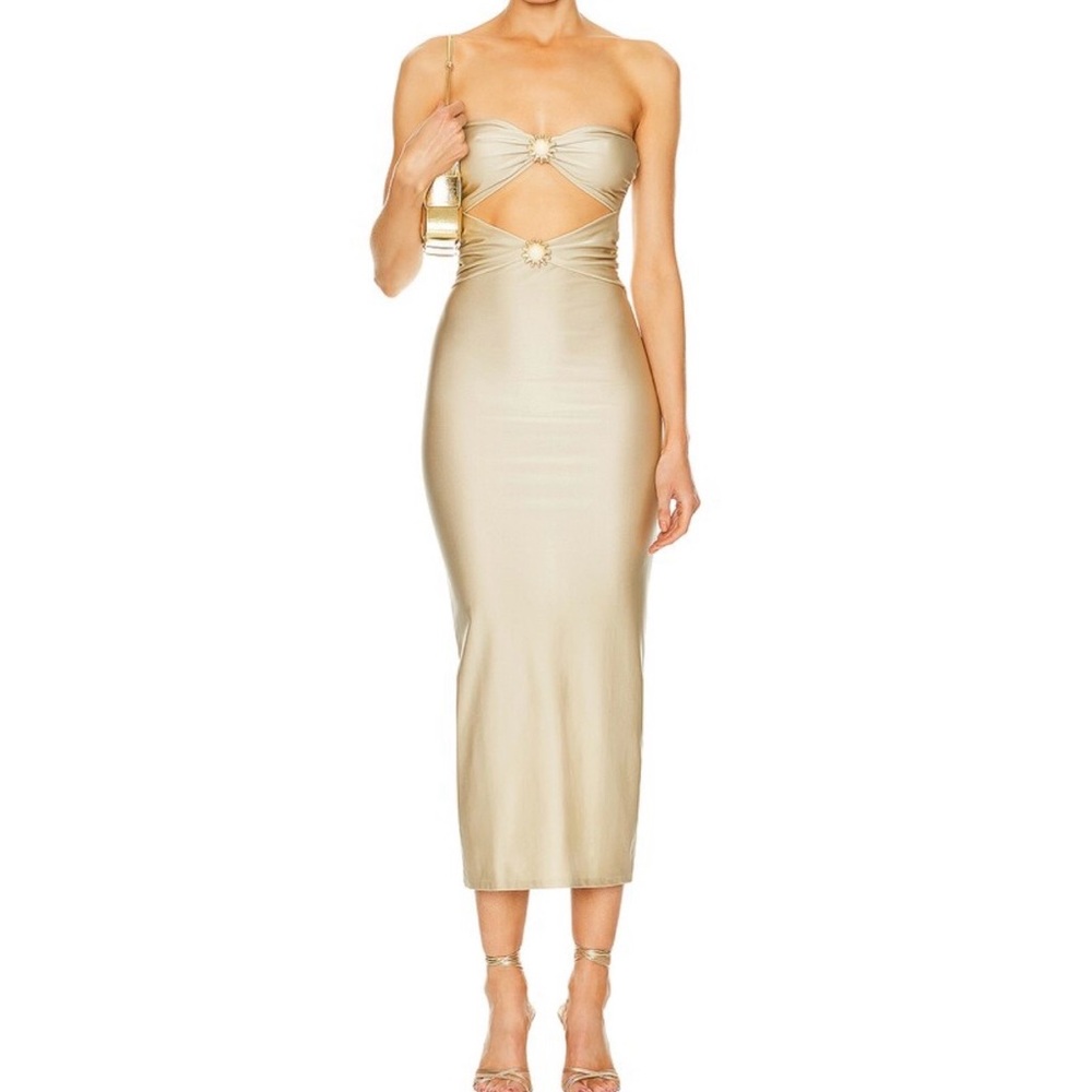 Shani Shemer Fia Lycra Midi Dress in Champagne Gold.